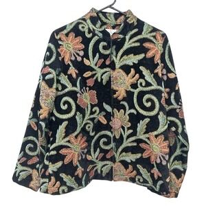 VTG Tapestry Floral‎ Zip Jacket M Black Art to Wear Jacquard Dressy Classic